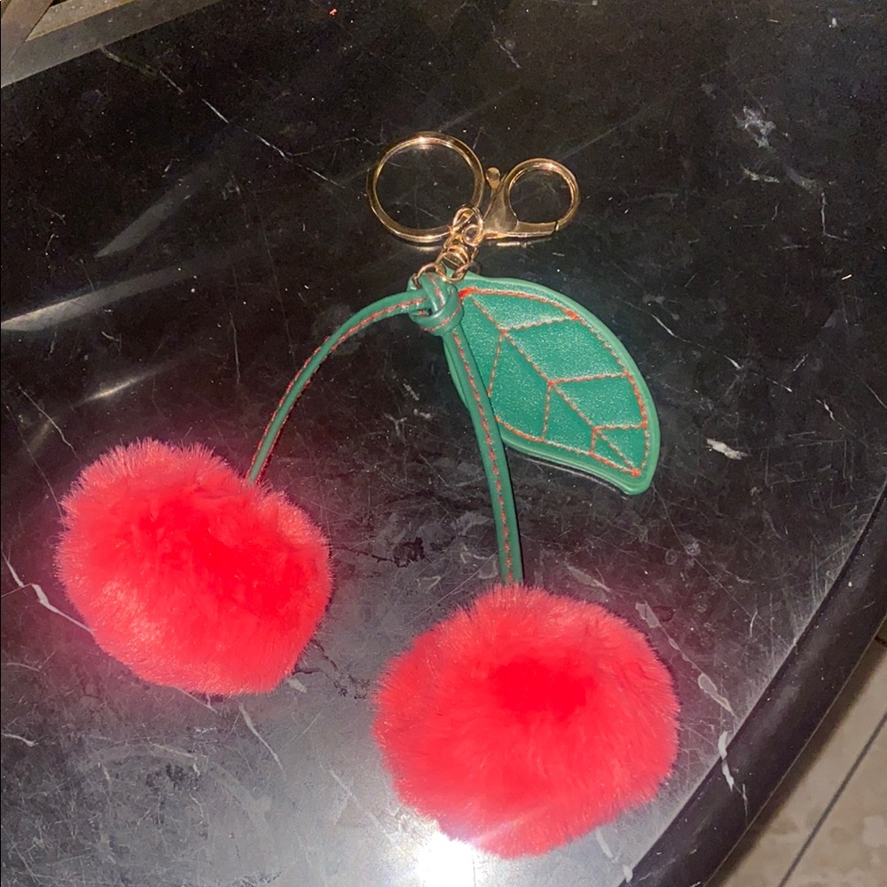 Vibrant Red Cherry Pom Pom Keychain
